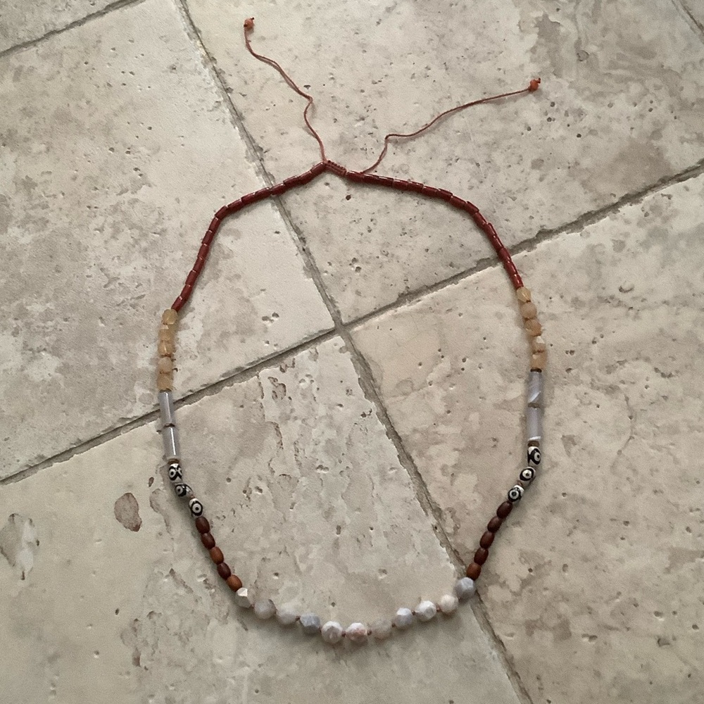 Handcrafted Beaded Necklace - Red, Brown, Cream